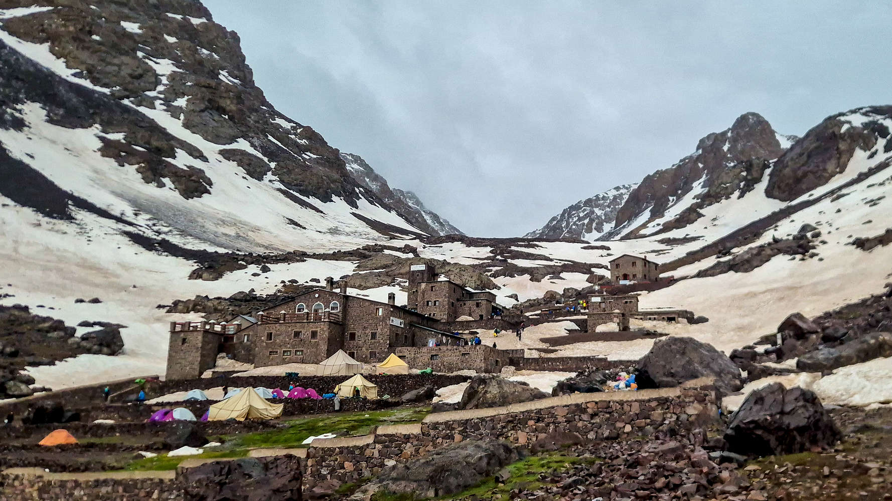 Overcast view of the Toubkal refuges.