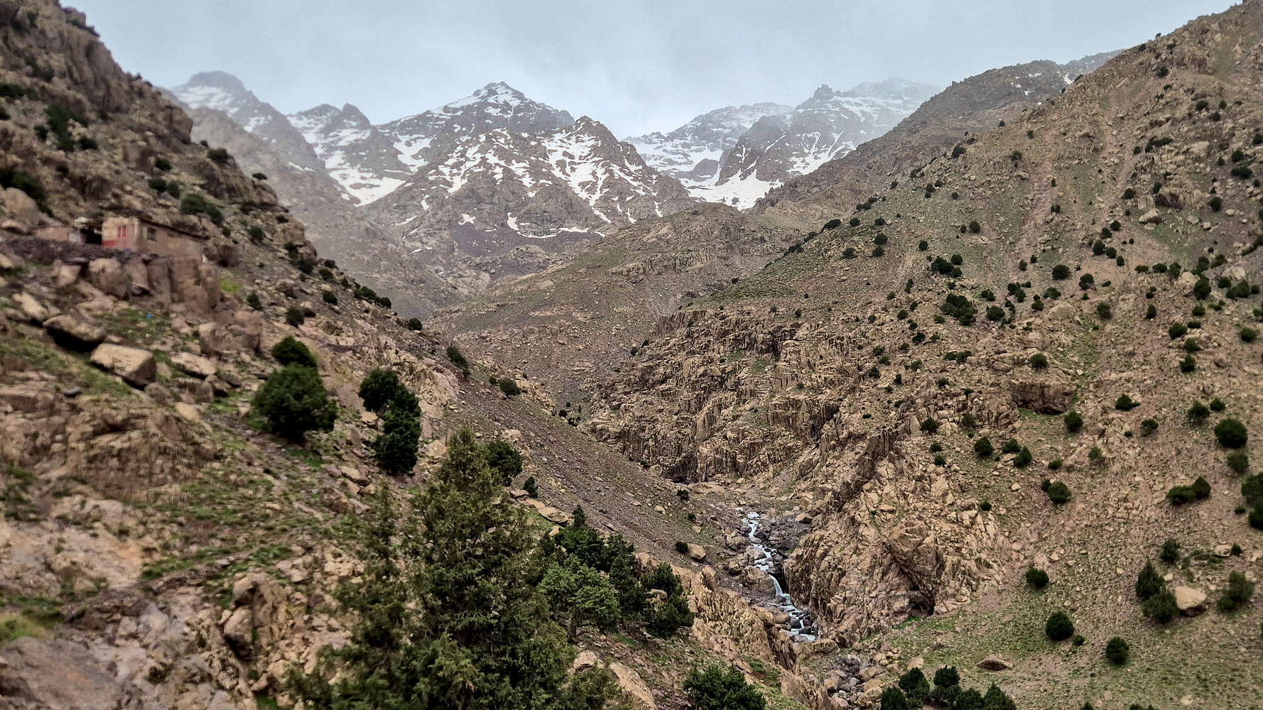 Oued Rheraya waterfalls and the Tichki (3,753m) and Afekhoi (3,755m)