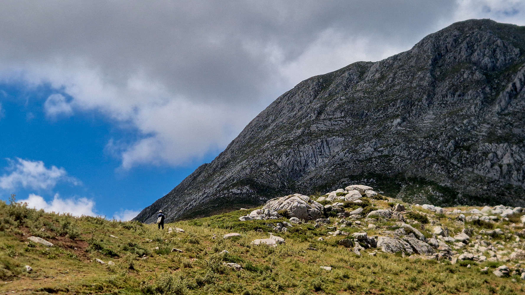 Panagiotis walking to his herd under the shadow of Olonos (2,223m).