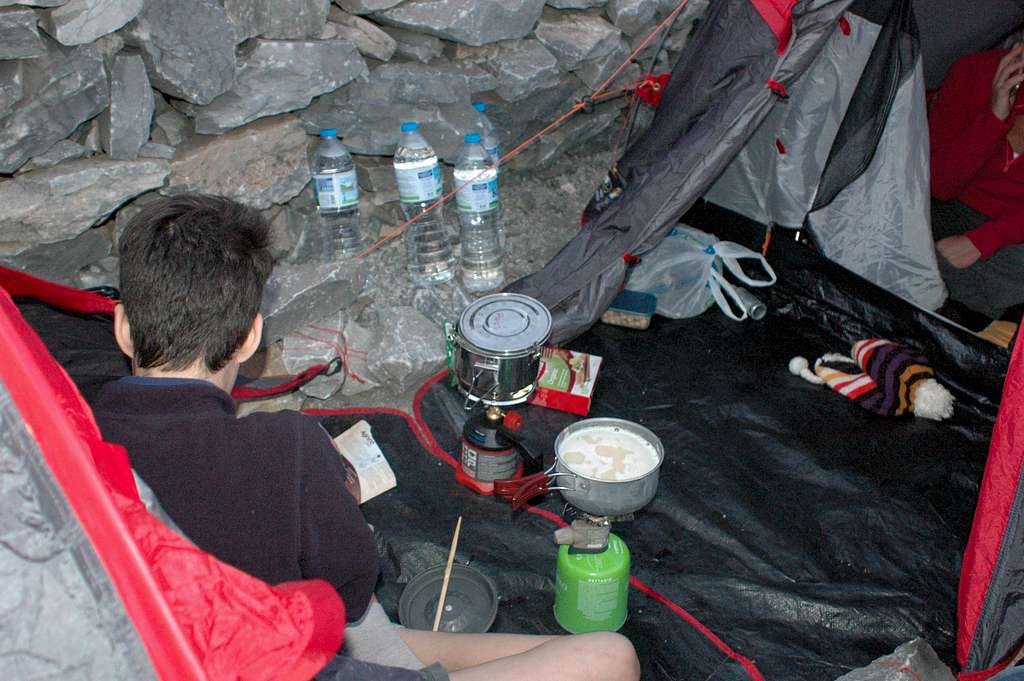 Cooking at the campsite on the summit of Profitis Ilias