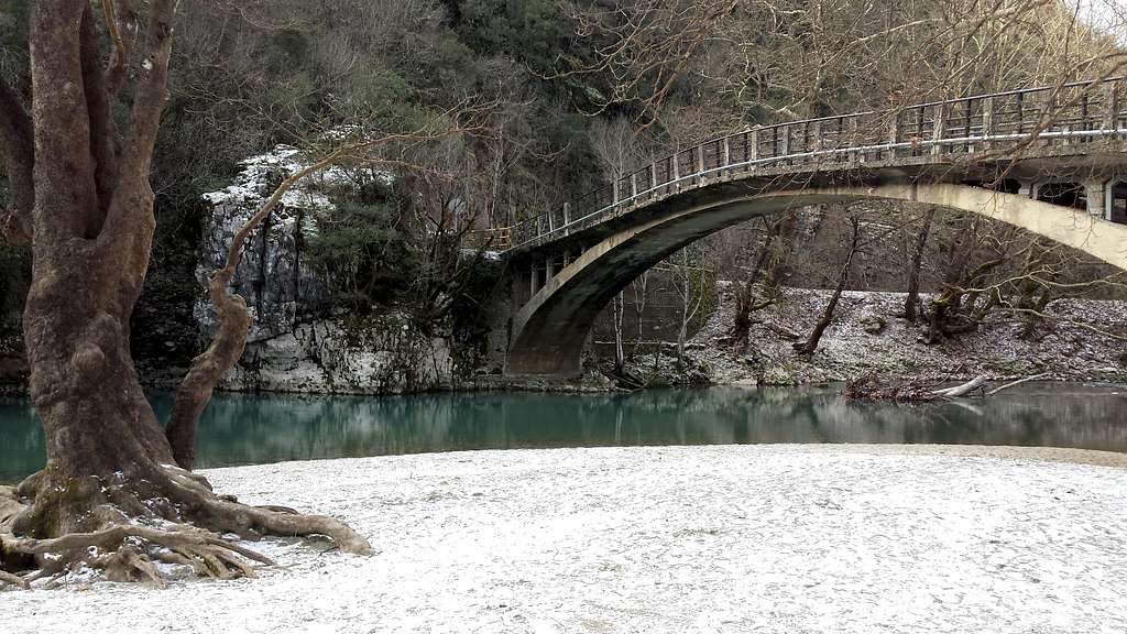 Bridge of Voidomatis (c. 500m) blanketed in Snow on Jan 4th following a storm