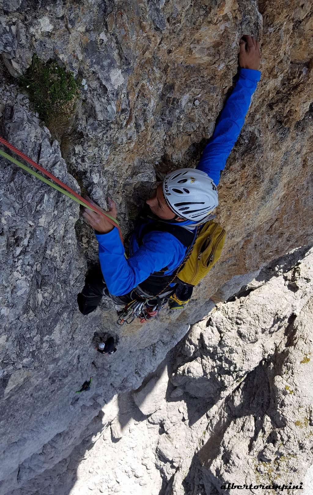 Exposed climb on Via Vinatzer, Sass dla Luesa