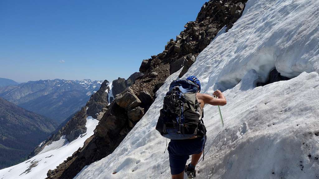 Traversing the snow finger to the east rib