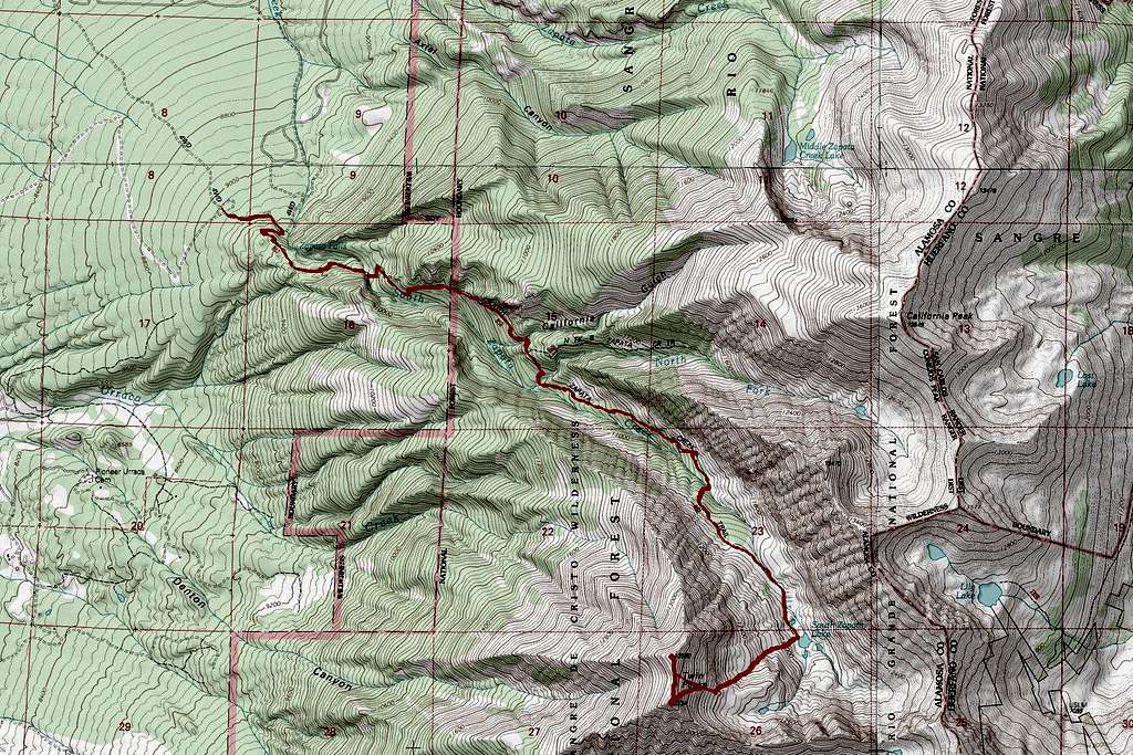 Map of Twin Peaks with Route to Summit Noted