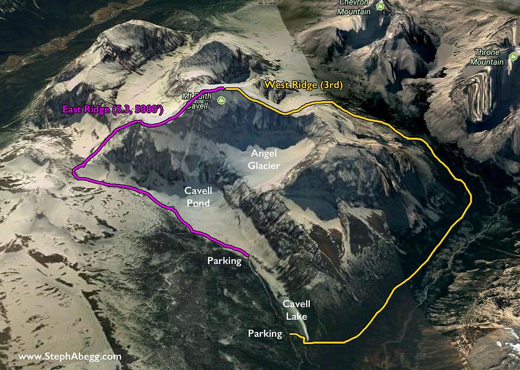 Google Earth of East Ridge and West Ridge routes on Edith Cavell