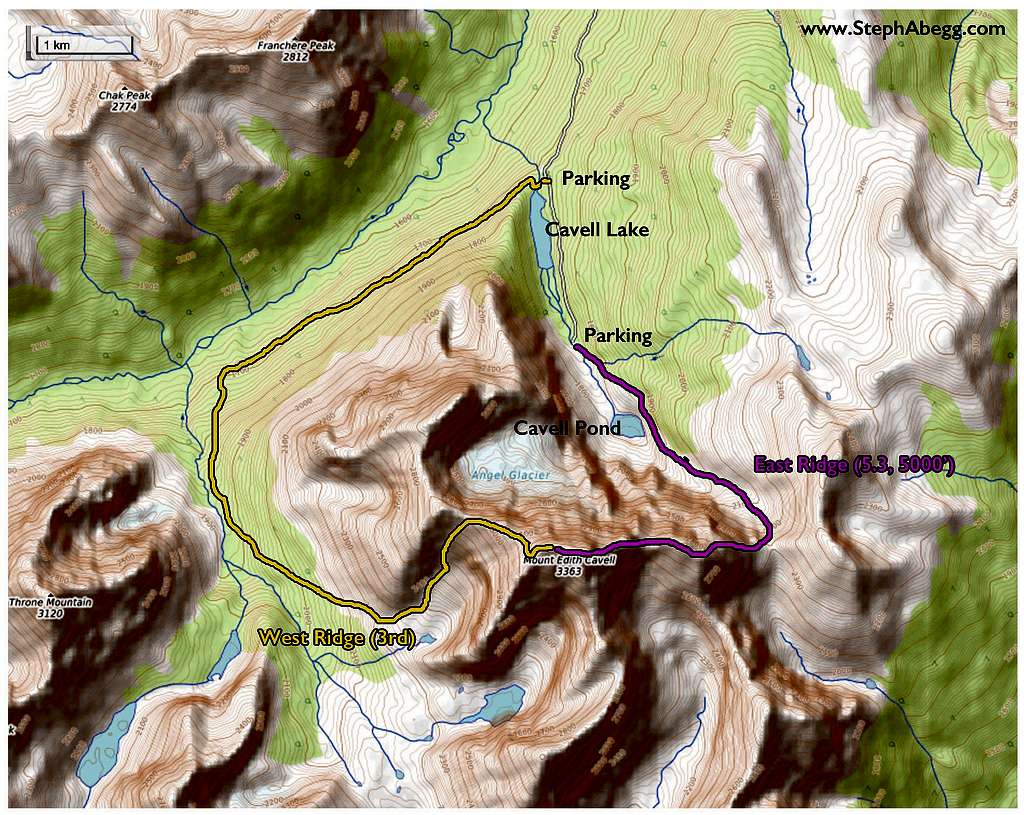 Map of East Ridge and West Ridge routes on Edith Cavell