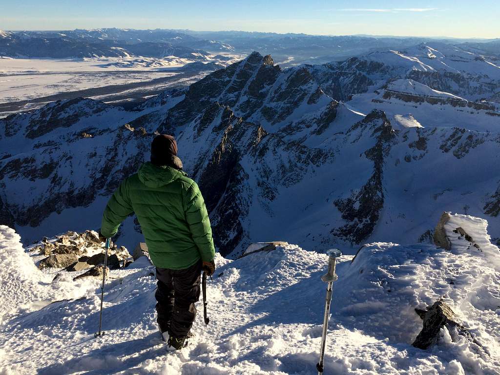 JD enjoying the view south from the summit of the South Teton, January 2017