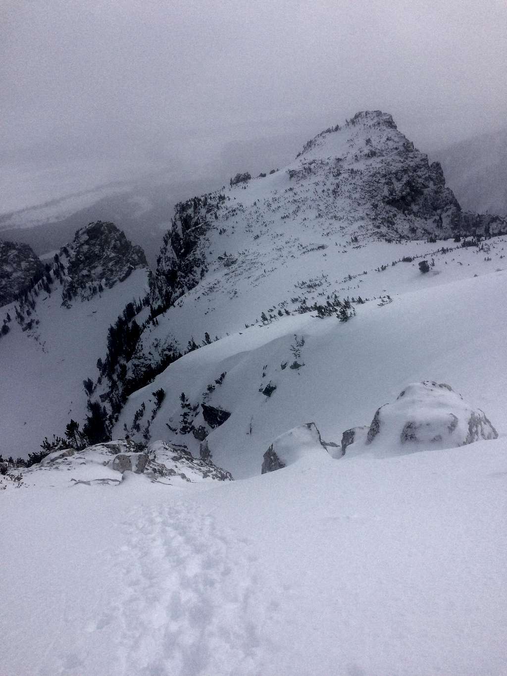 The top of the Spoon Couloir of Disappointment Peak in winter