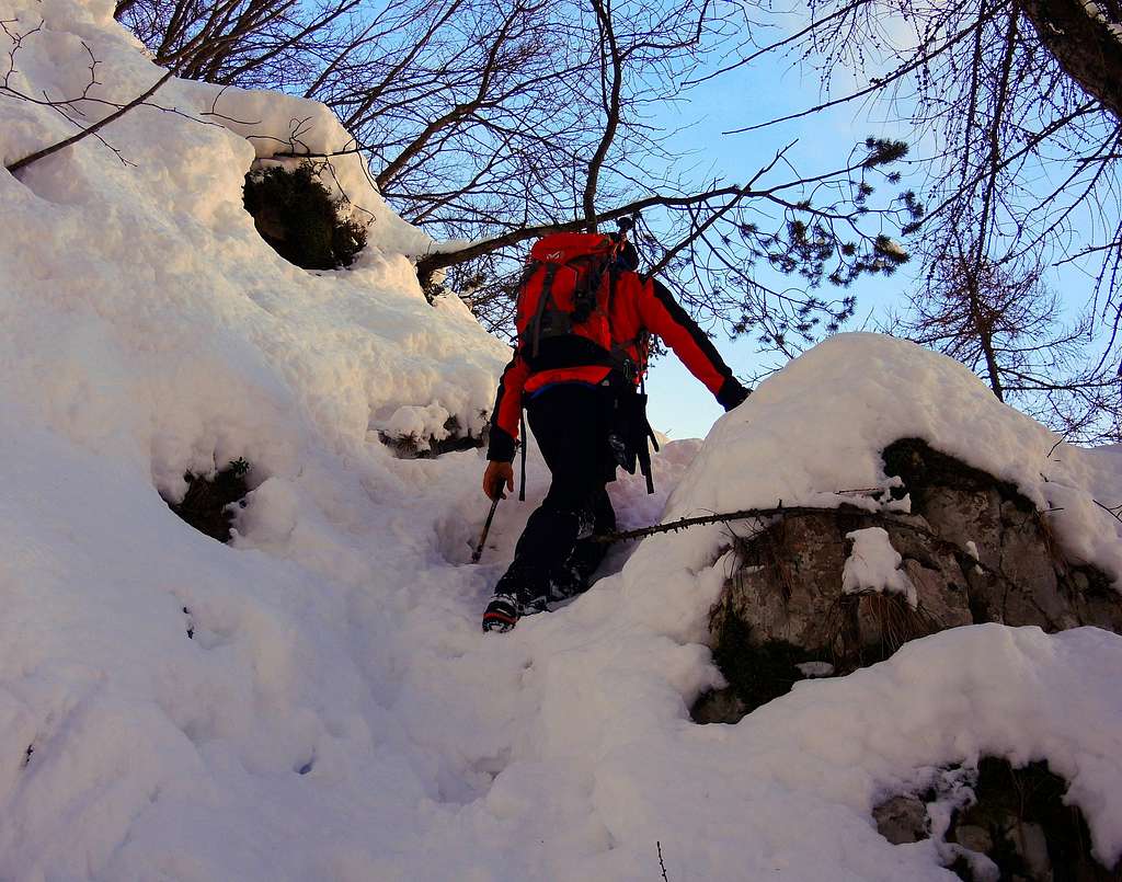 A steep section on Monte Biaina Normal route in wintertime