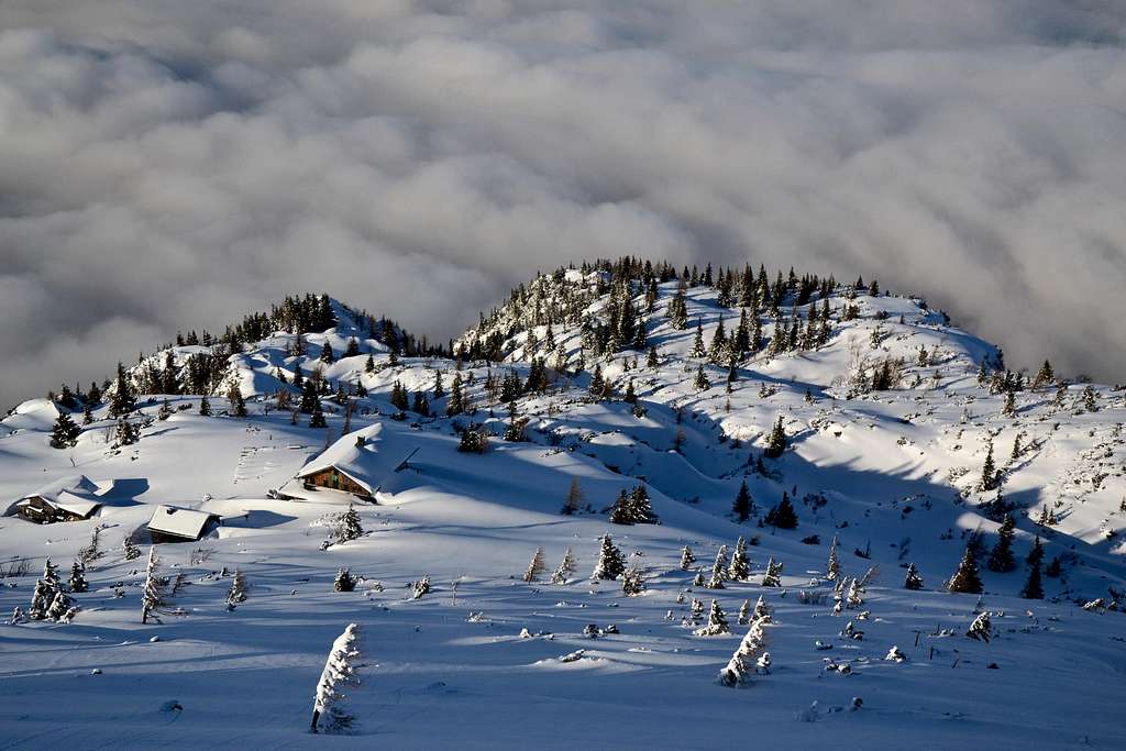 The Zeppezauer hut in deep winter snow