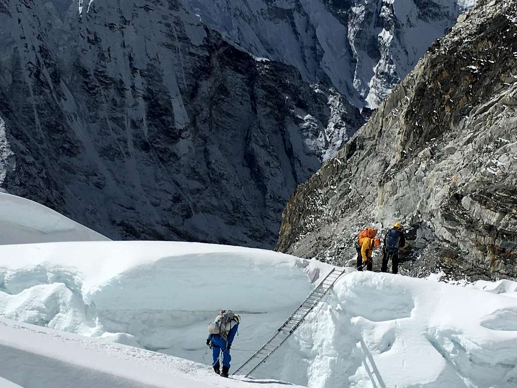 Island Peak crevasse crossing on ladders.