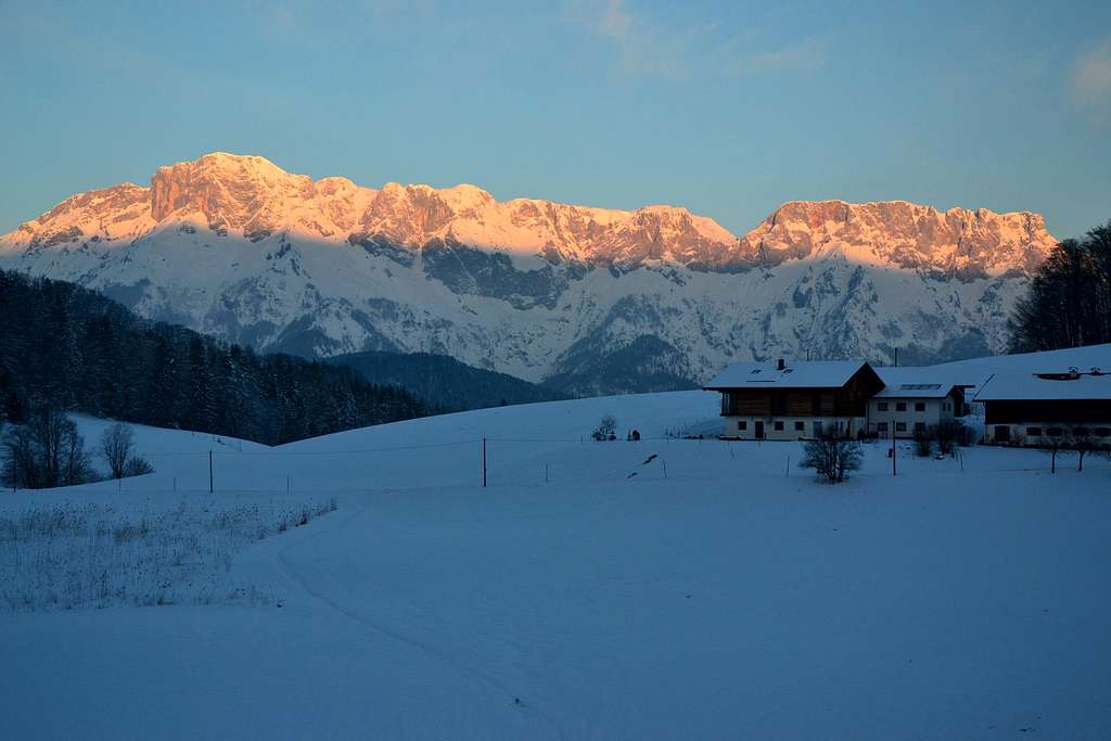 The top of the Untersberg illuminated by the first sunlight