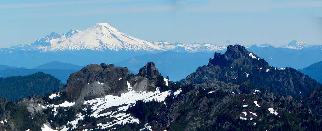 Twin Peaks, Mount Forgotten, and Mount Baker (background) from Sheep Mountain