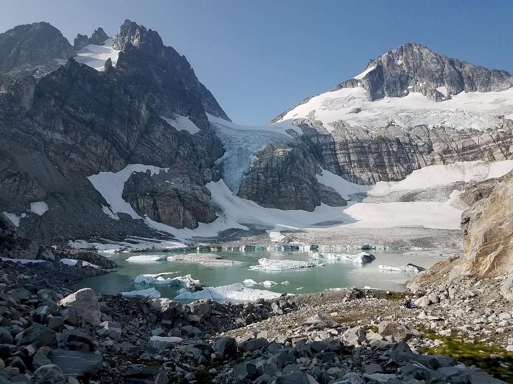 Tricouni Peak, Primus Peak, Borealis Glacier, and Lake Borealis from north corner of Lake Borealis