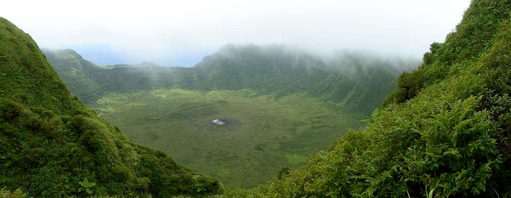 Agrihan's crater is massive with an active fumarole