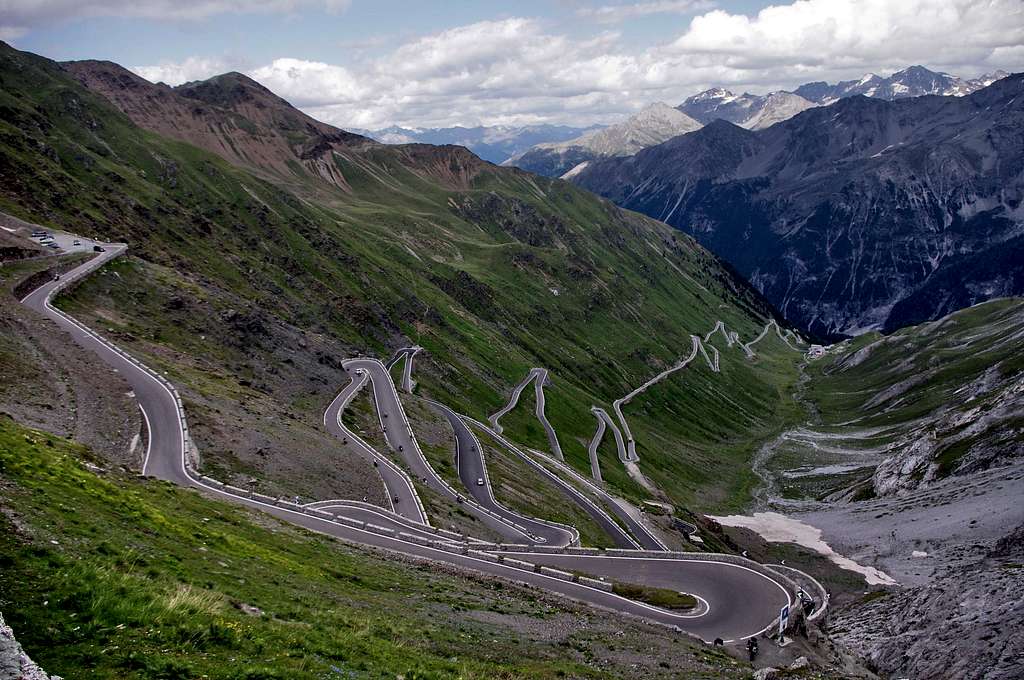 The winding road of Passo dello Stelvio and N-E sector of Ortles group