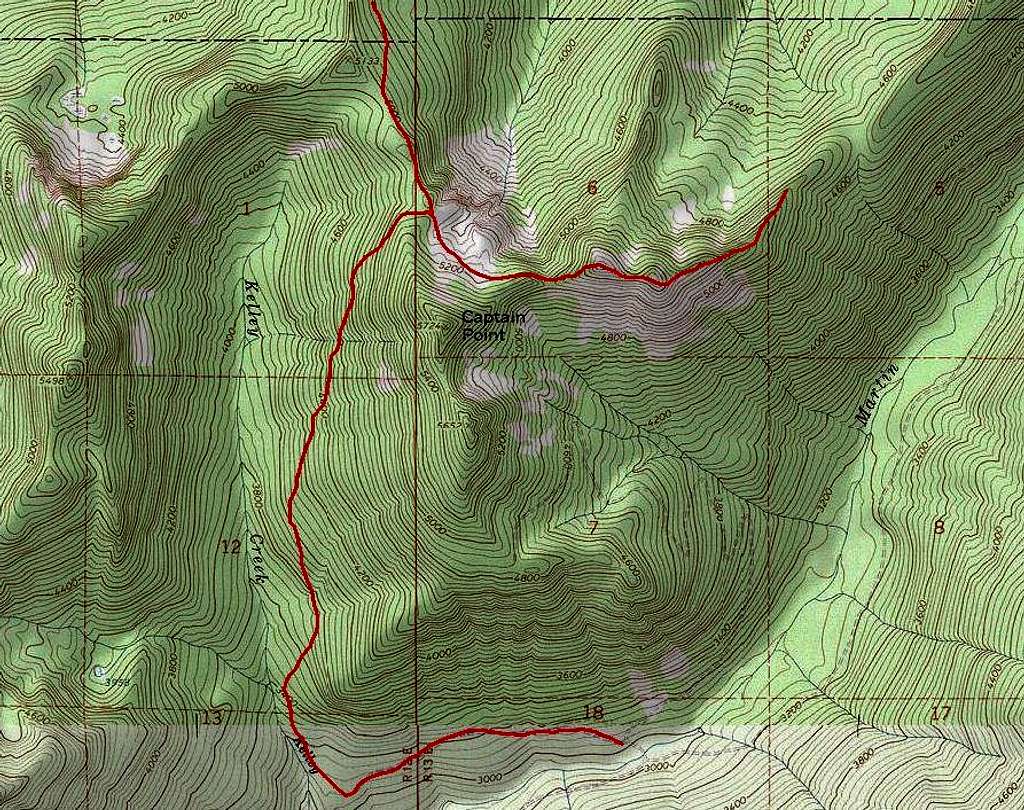 A crude approximation of the 'Kelley Creek Connector' and trail leading to Scorpion Mountain from Captain Point