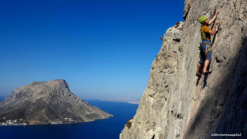 Kalymnos climbing, Trois Ilots - Isle of Telendos on background