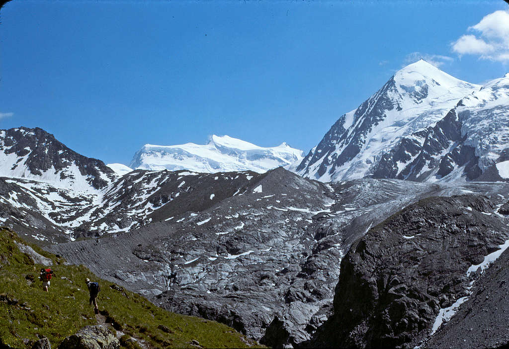 1. Heading up to cabin - Grand Combin in distance, Combin de Corbassiere to R (12192')