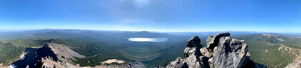 Mt. Thielsen summit view - Crater lake to the left, Diamond Lake & Diamond Peak center