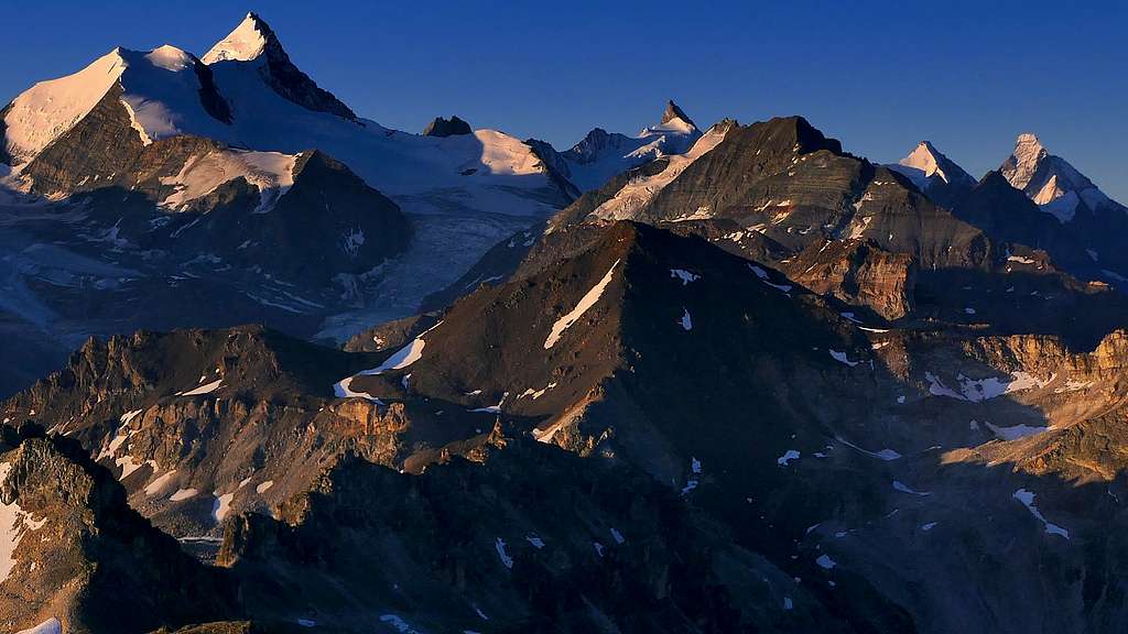 Weisshorn, Zinalrothorn and Matterhorn from Bella Tola (3052m)