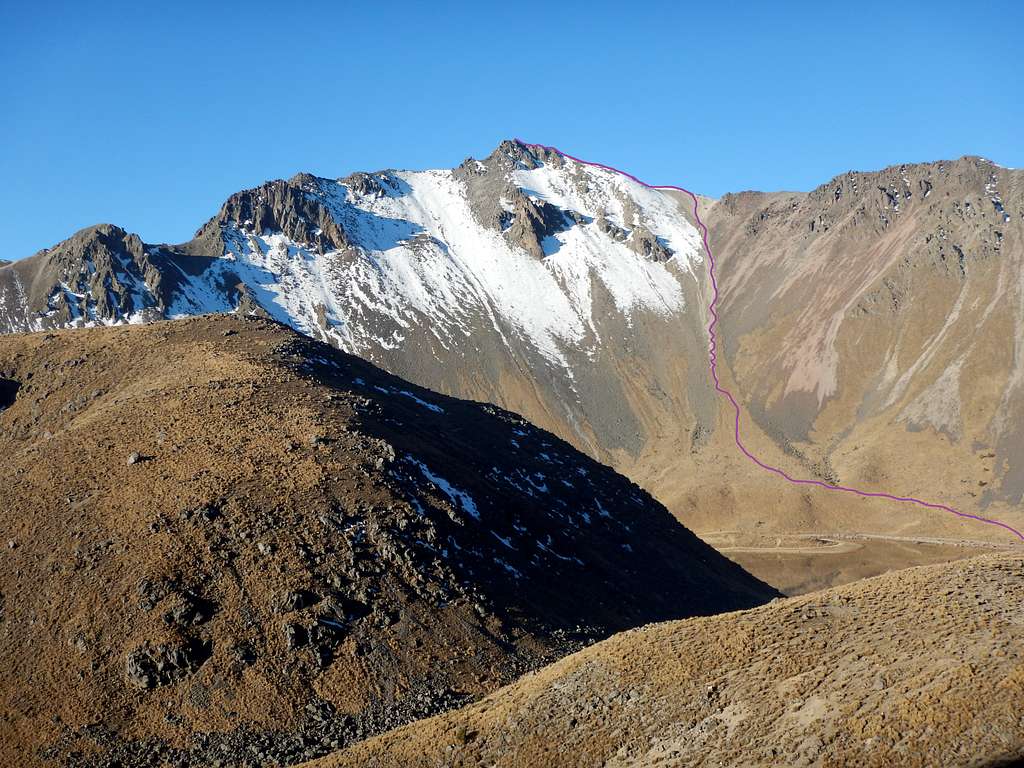 The Northeast Slopes and North Ridge Route is Marked in Purple