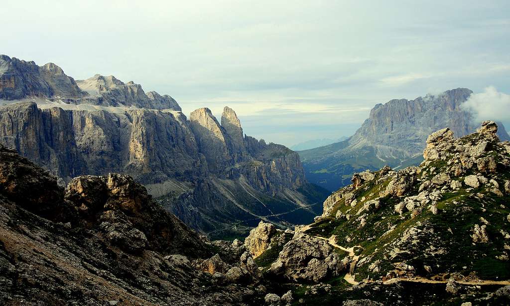 Sella group and Sassolungo seen from the standard route to Sass de Ciampac
