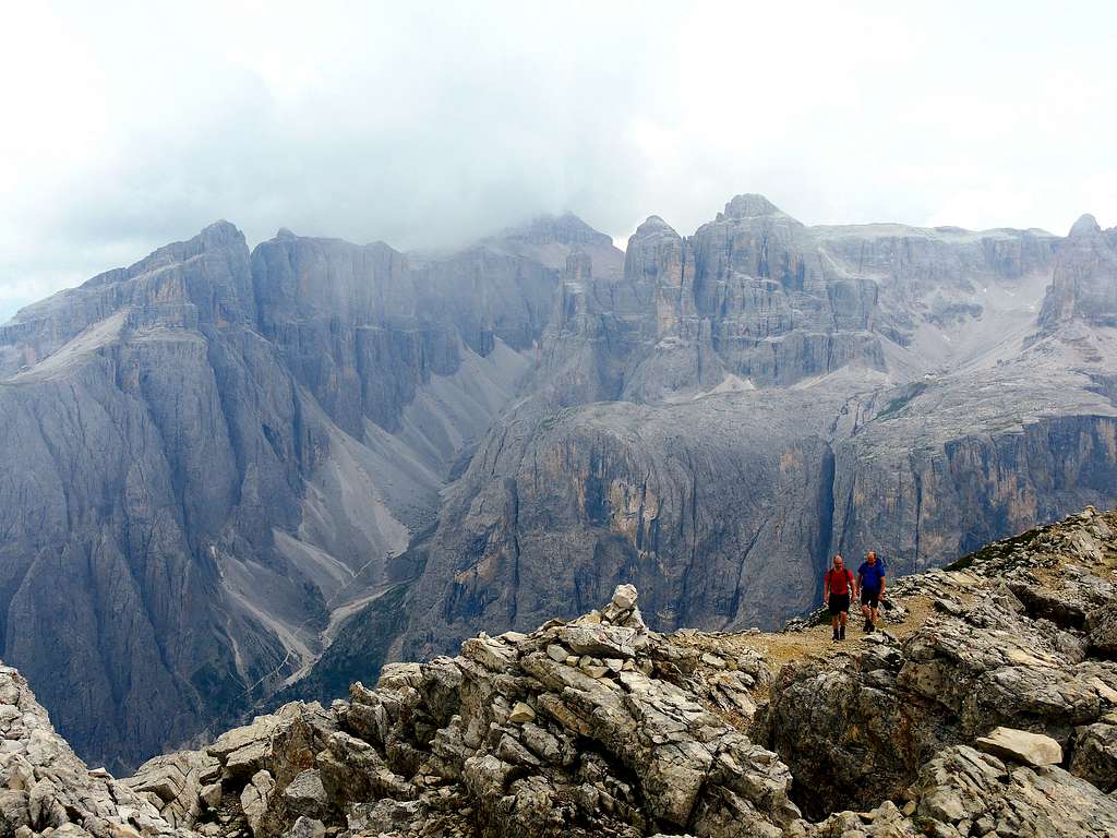 The deep Val di Mezdì and Sella Group seen from Sass de Ciampac