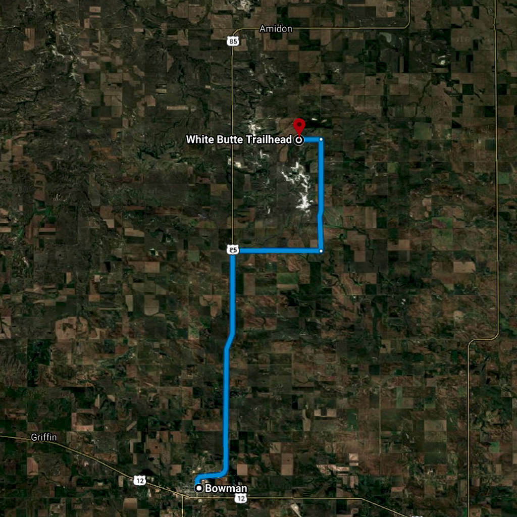 Correct Route via Google Maps from Bowman, ND to the White Butte Trailhead