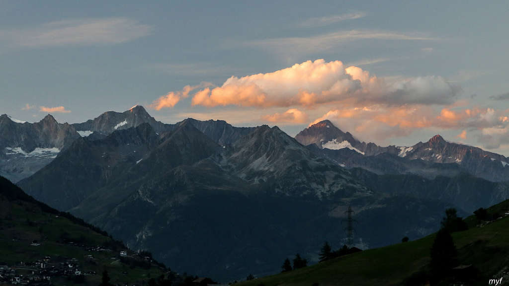 Aletschhorn and Finsteraarhorn (Bernese Alps) at Dusk
