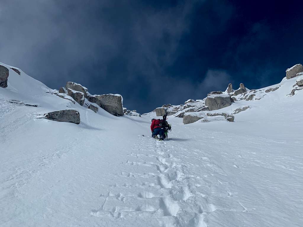 Booting up the NE couloir on Lone Peak