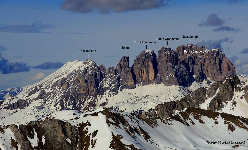Sassolungo Group annotated pano from Cima Juribrutto