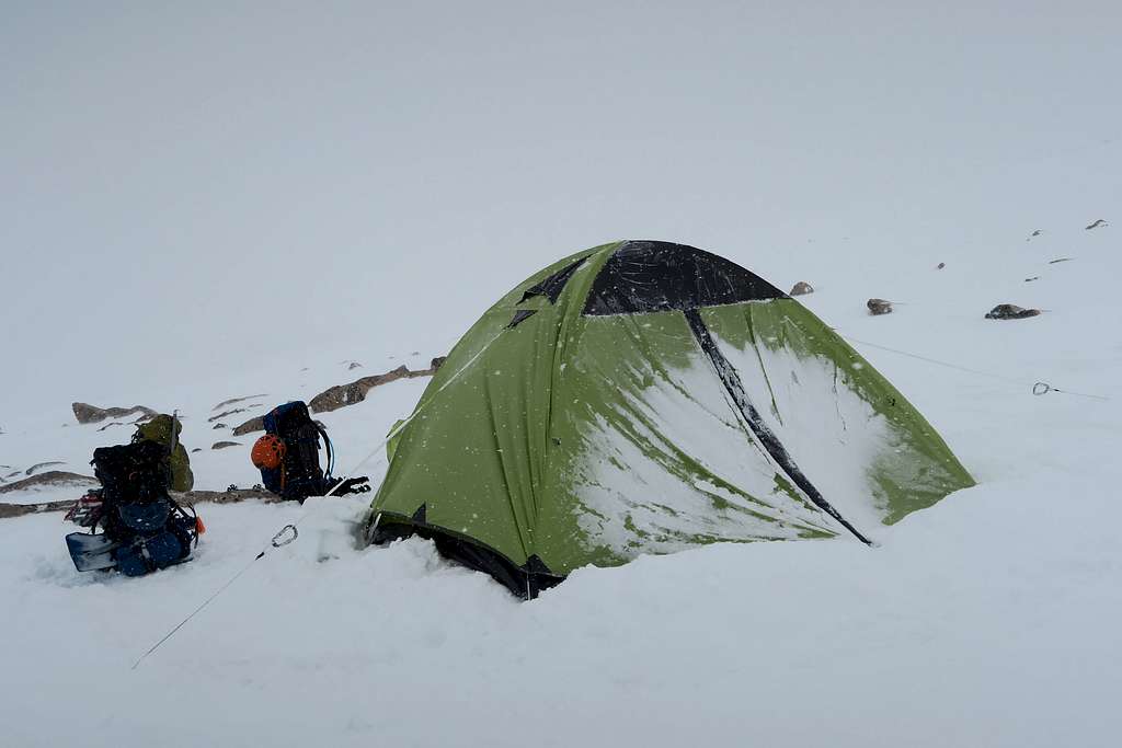 Snow accumulating on the wall of tent the morning after first night on FTD