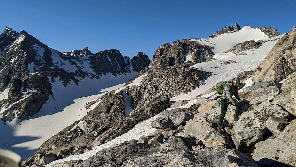 Scrambling toward the summit ridge of Gannett Peak - July 2020