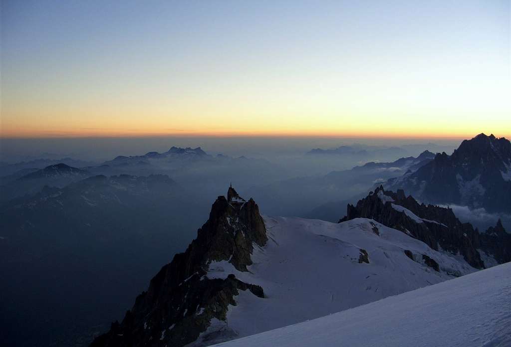 Aiguille du Midi before sunrise seen from M. Blanc du Tacul