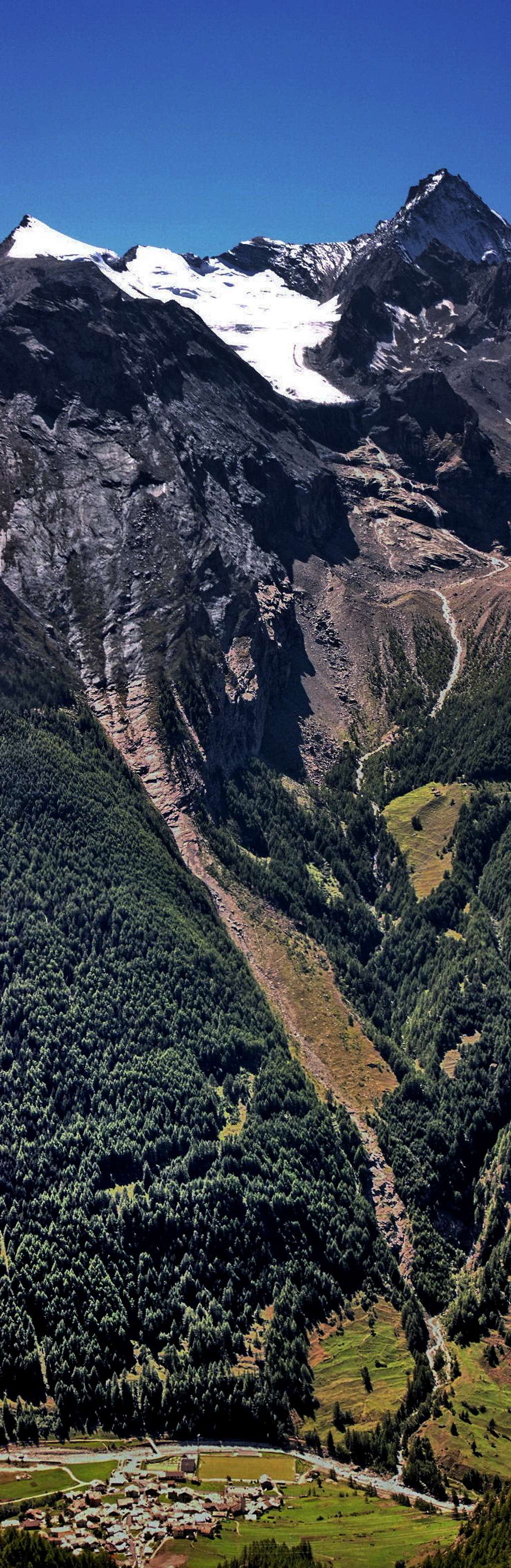 Vertical pano with la Grivola subgroup and Epinel village
