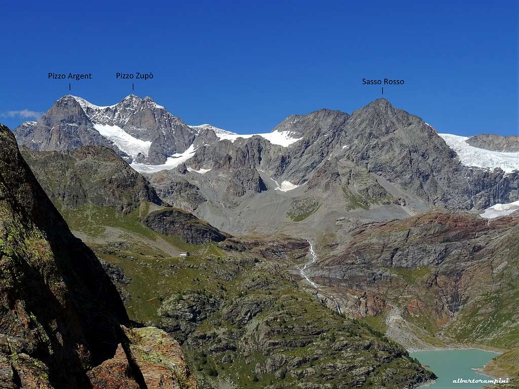 Annotated view of Southern Bernina group seen from Val Poschiavina