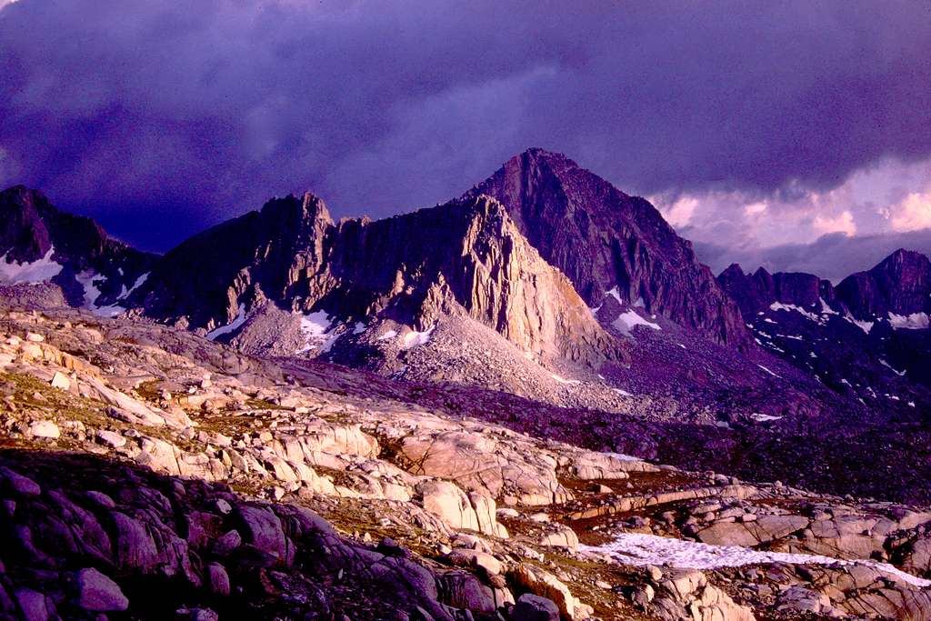 Isosceles Peak, 12,321 ft., (in light), Columbine Peak, 12,652 ft. (in shadow), Dusy Basin After A Storm