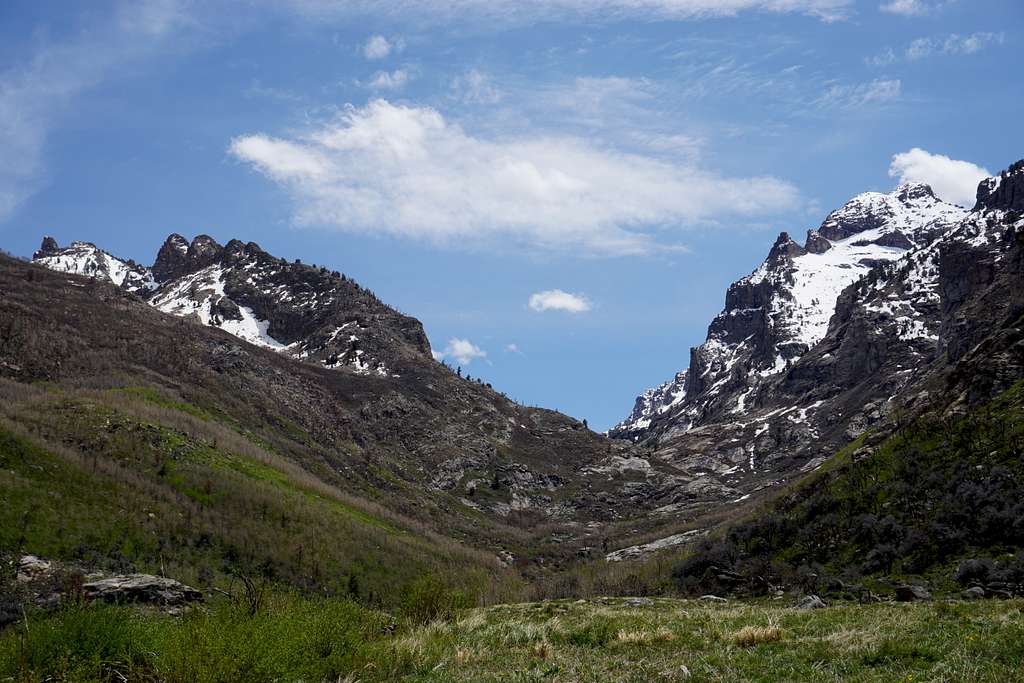 Ruby Spire on left while looking south into Lamoille Canyon's right fork