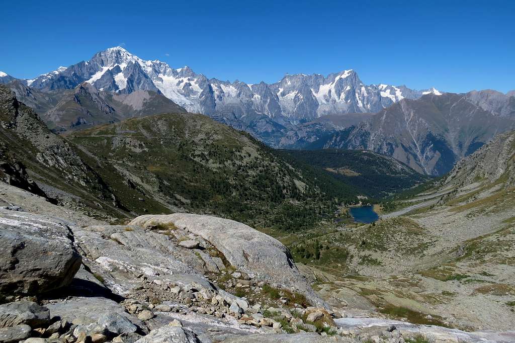 Arpy Lake and Mont Blanc Group during descent Mont Colmet