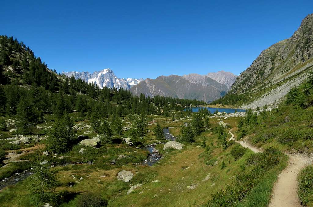 Arpy Lake and Grandes Jorasses during descent Mont Colmet