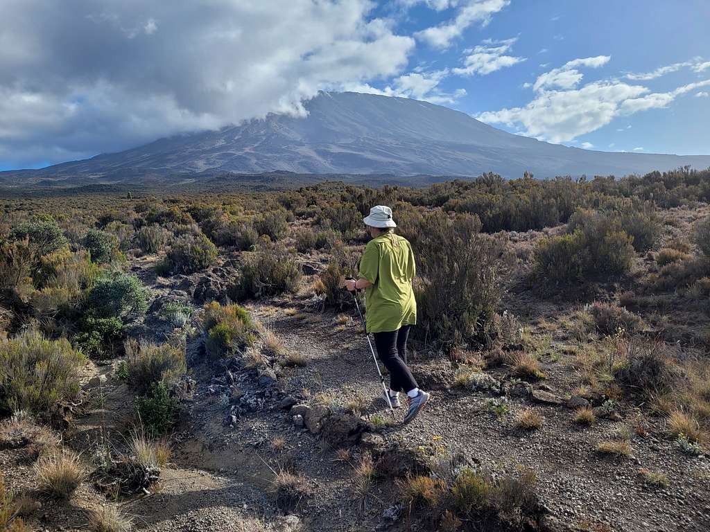 Kimberly on day 2 of the Rongai Route with Kilimanjaro in the background
