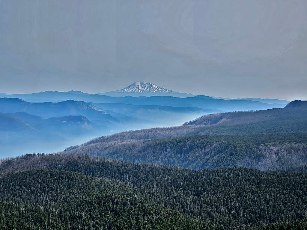 Zoomed view of Mt. Adams and the smoke filled Columbia River Gorge from the summit of Larch Mountain