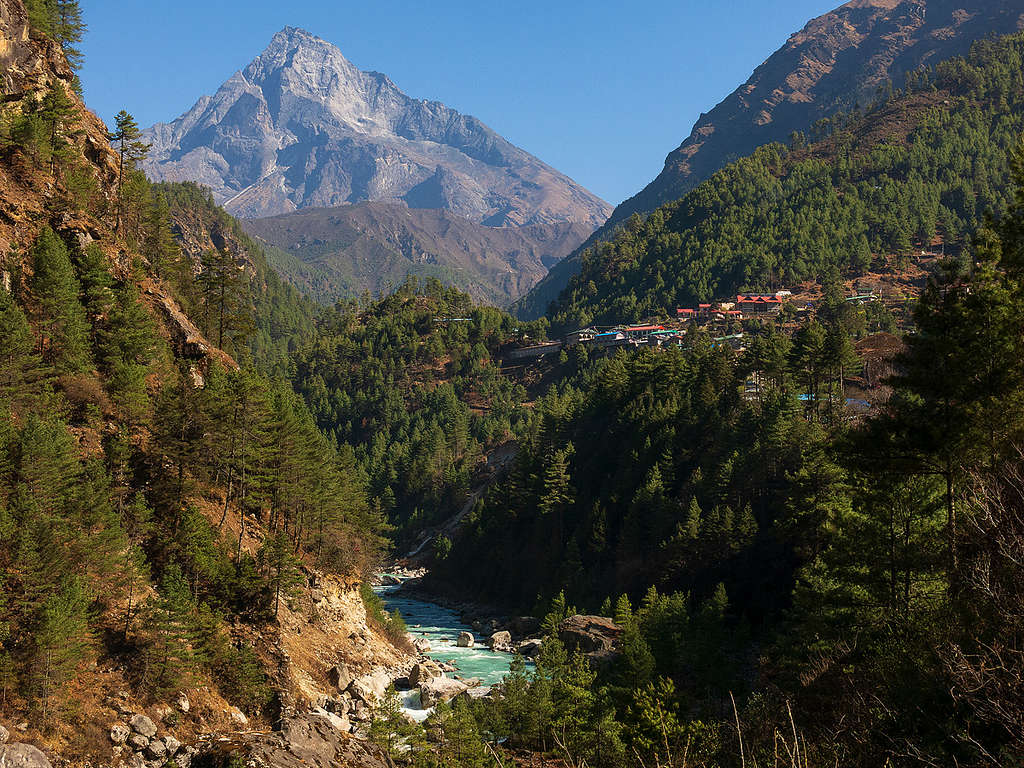 Dudh Koshi River and Khumbila Peak or Khumbu Yül-Lha