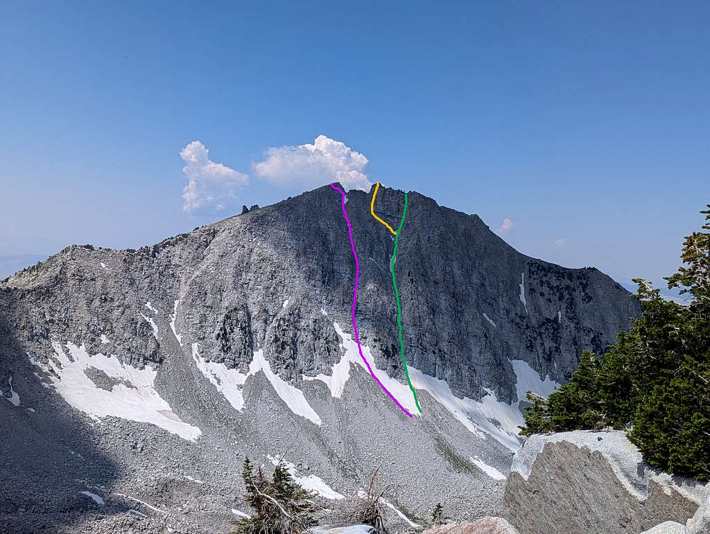 Zoomed view of the lone peak North-east face as viewed from South Thunder Mountain in July. The green is the standard north-east couloir route, yellow is a slight variation to gain the summit ridge, and the purple is the *other* north-east couloir route.