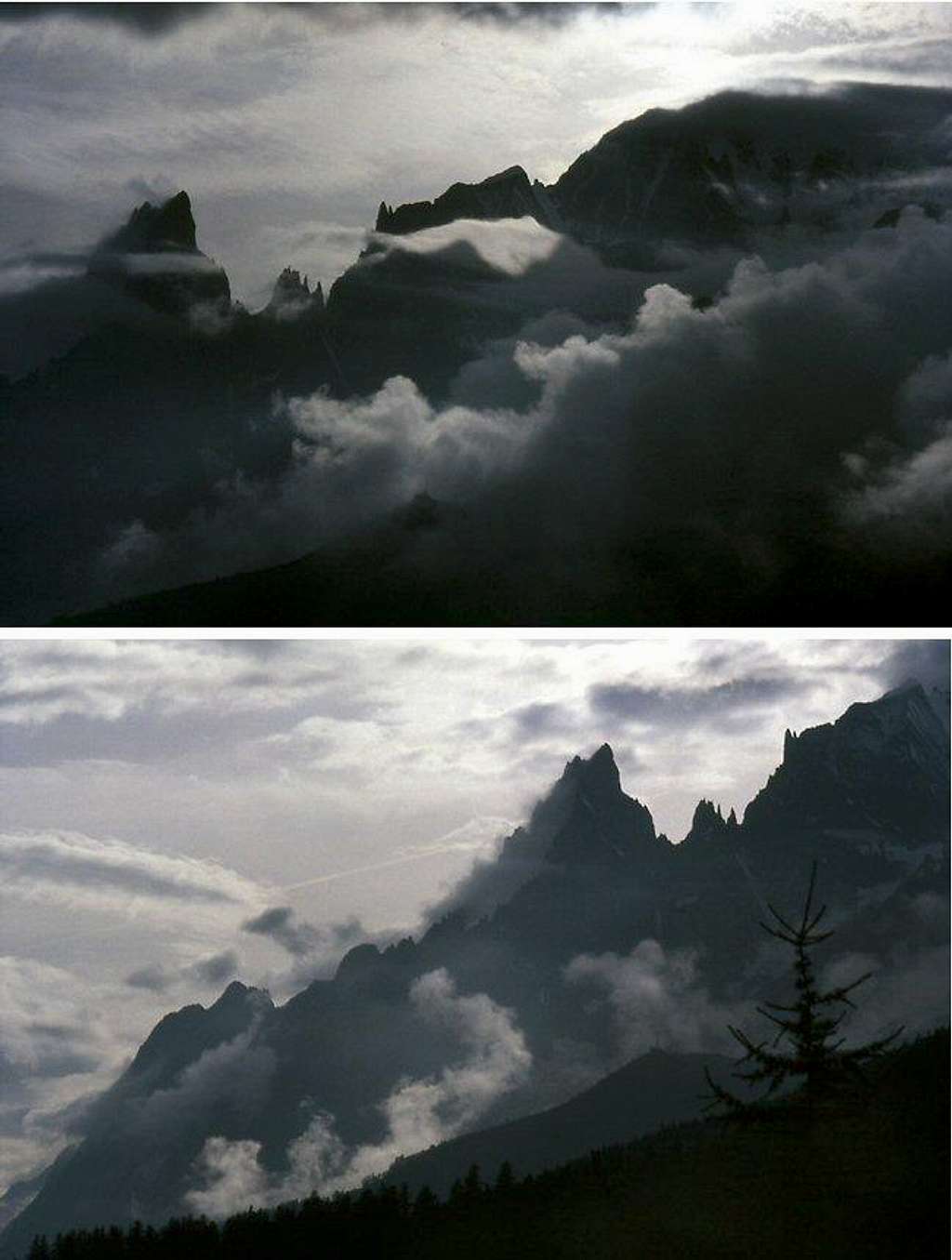  A pair of views of the Peuterey ridge<br>  in a cloudy day from Neyron, Val Ferret