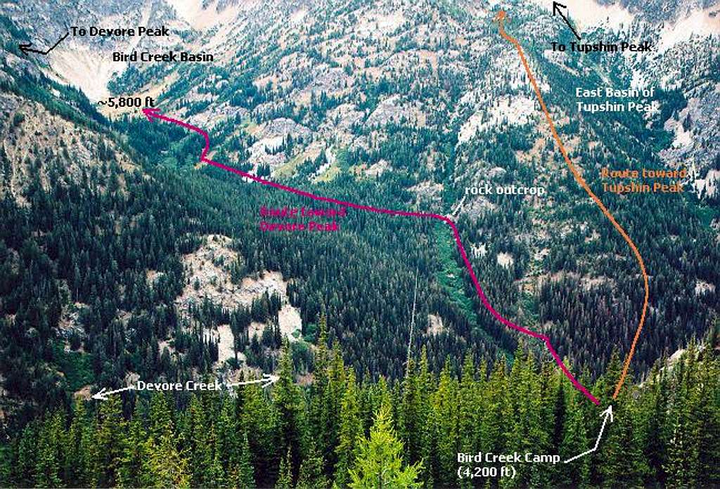 Routes from Bird Creek Camp...