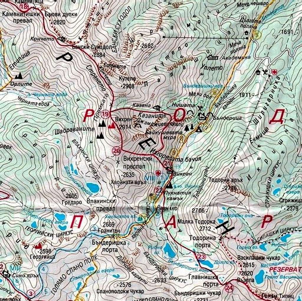 Map of Pirin massif. Vihren...