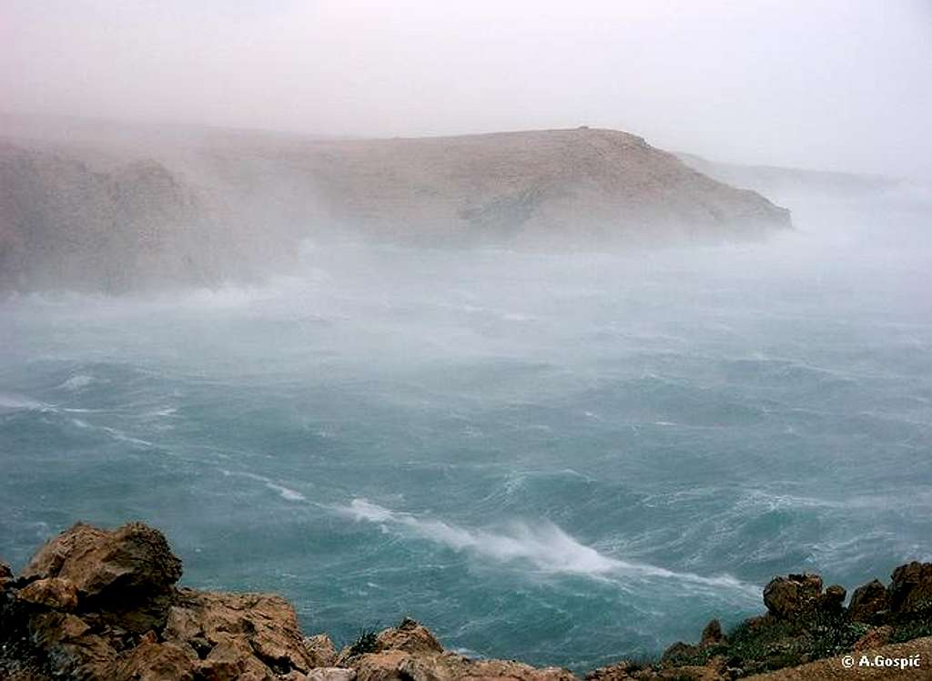 Hurricane force Bura in Pag channel