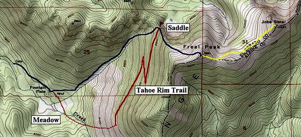 Freel Peak routes. Blue line...